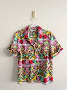 MIRA MIKATI VIBRANT MULTICOLOR SOUTHWEST PRINT LINEN BUTTON DOWN SHIRT SZ M